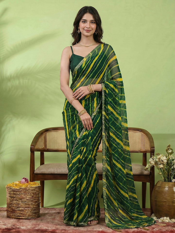 Bottle Green Embroidered Chiffon Saree