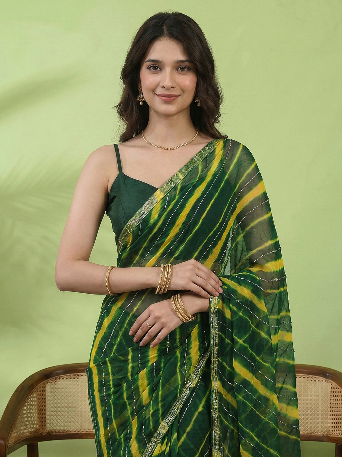Bottle Green Embroidered Chiffon Saree