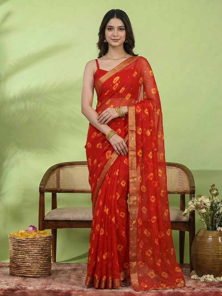 Red Embroidered Chiffon Saree