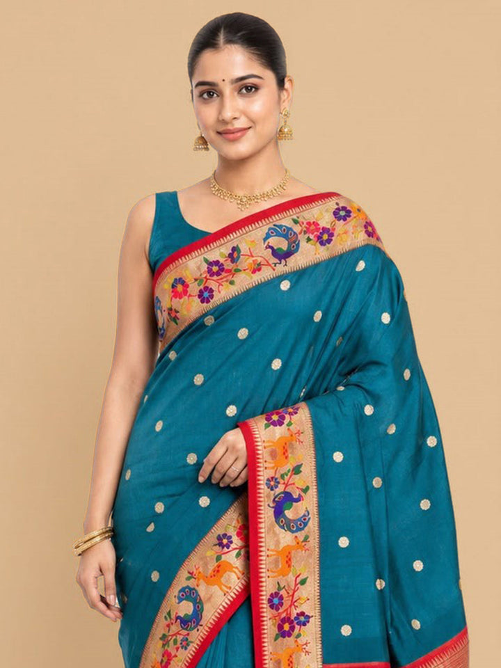 Peacock-Blue Woven Design Art Silk Saree