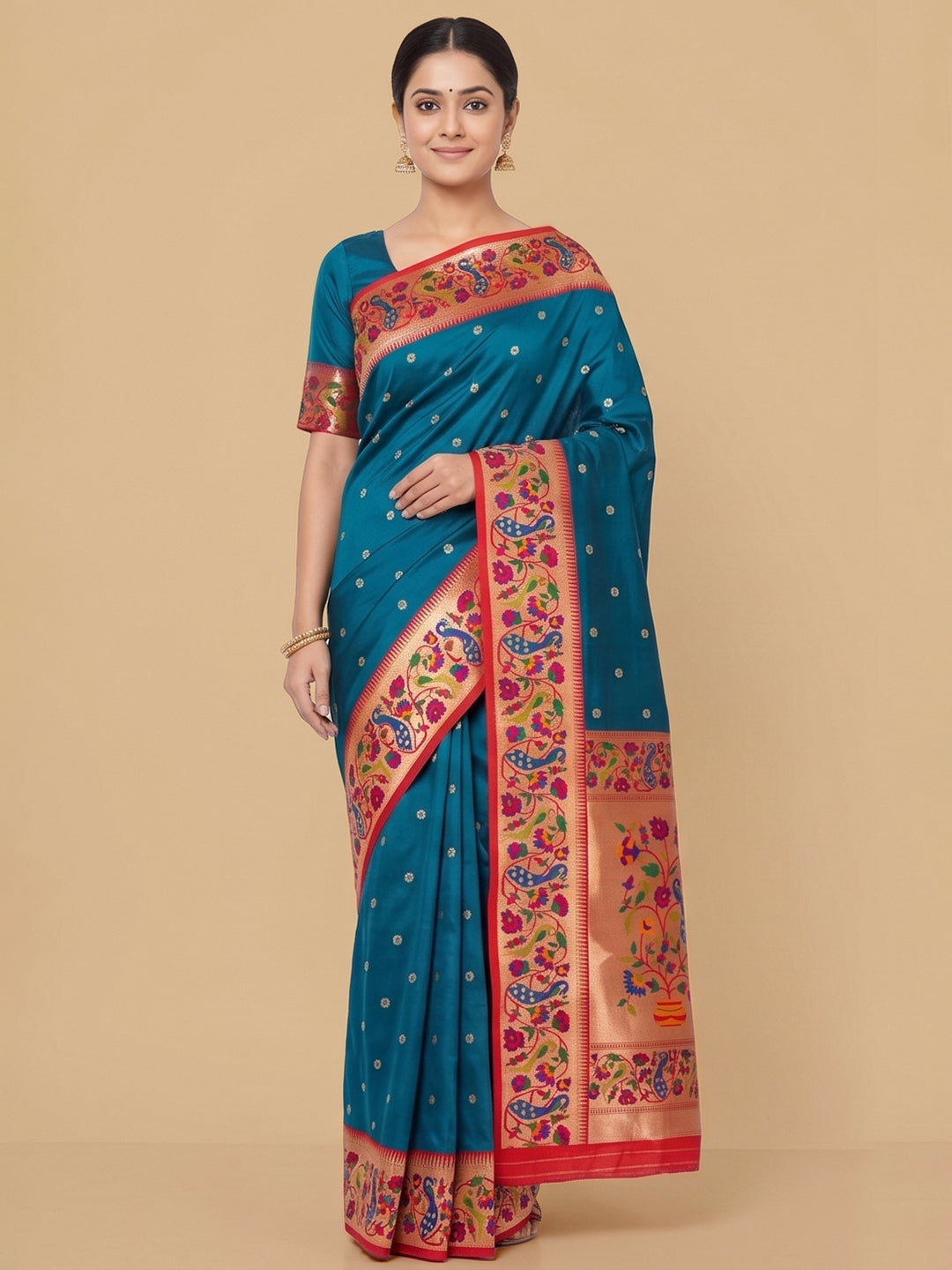 Peacock-Blue Woven Design Art Silk Saree