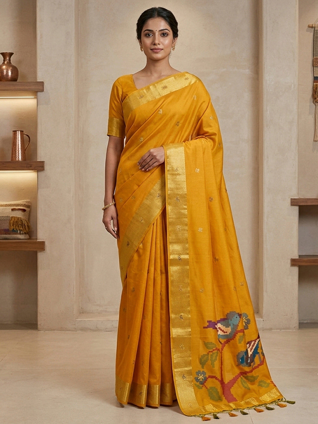 Mustard Cotton Blend Woven Saree