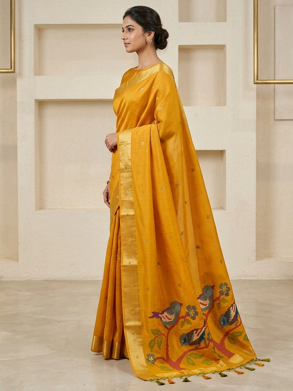 Mustard Cotton Blend Woven Saree
