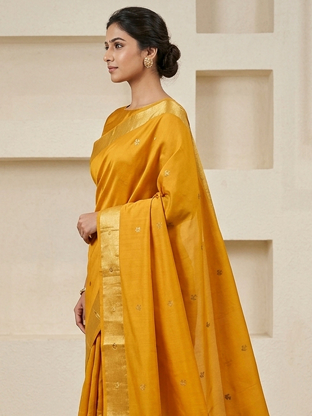 Mustard Cotton Blend Woven Saree