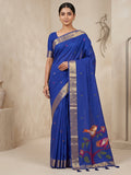 Navy-Blue Cotton Blend Woven Saree