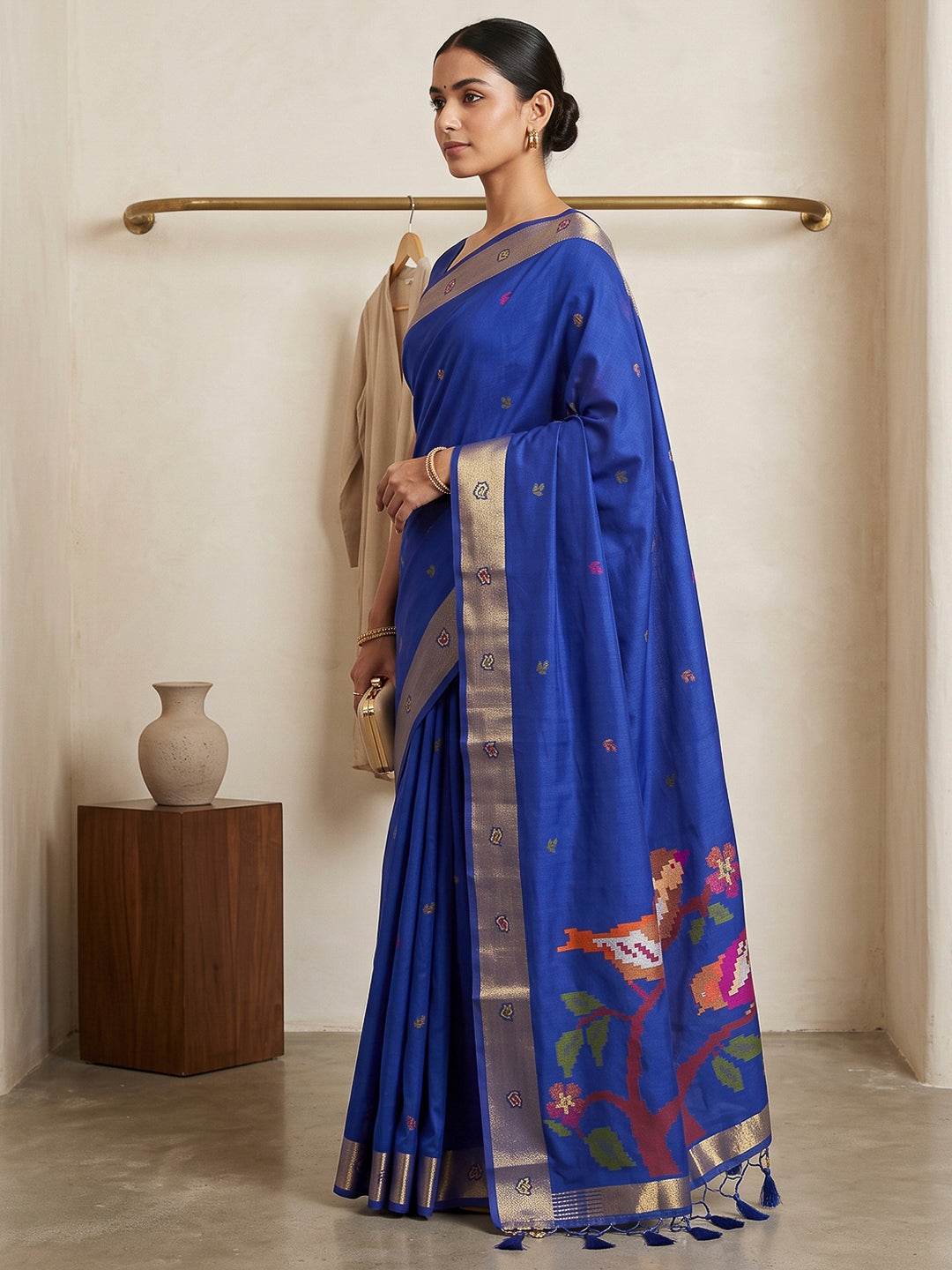 Navy-Blue Cotton Blend Woven Saree