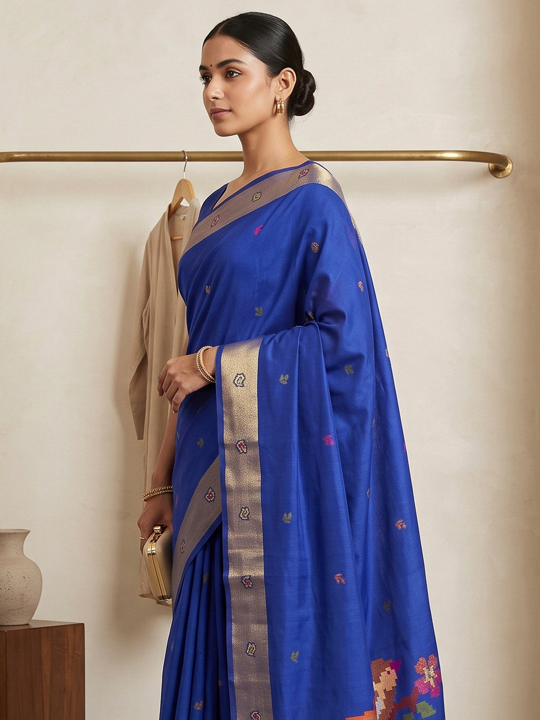 Navy-Blue Cotton Blend Woven Saree