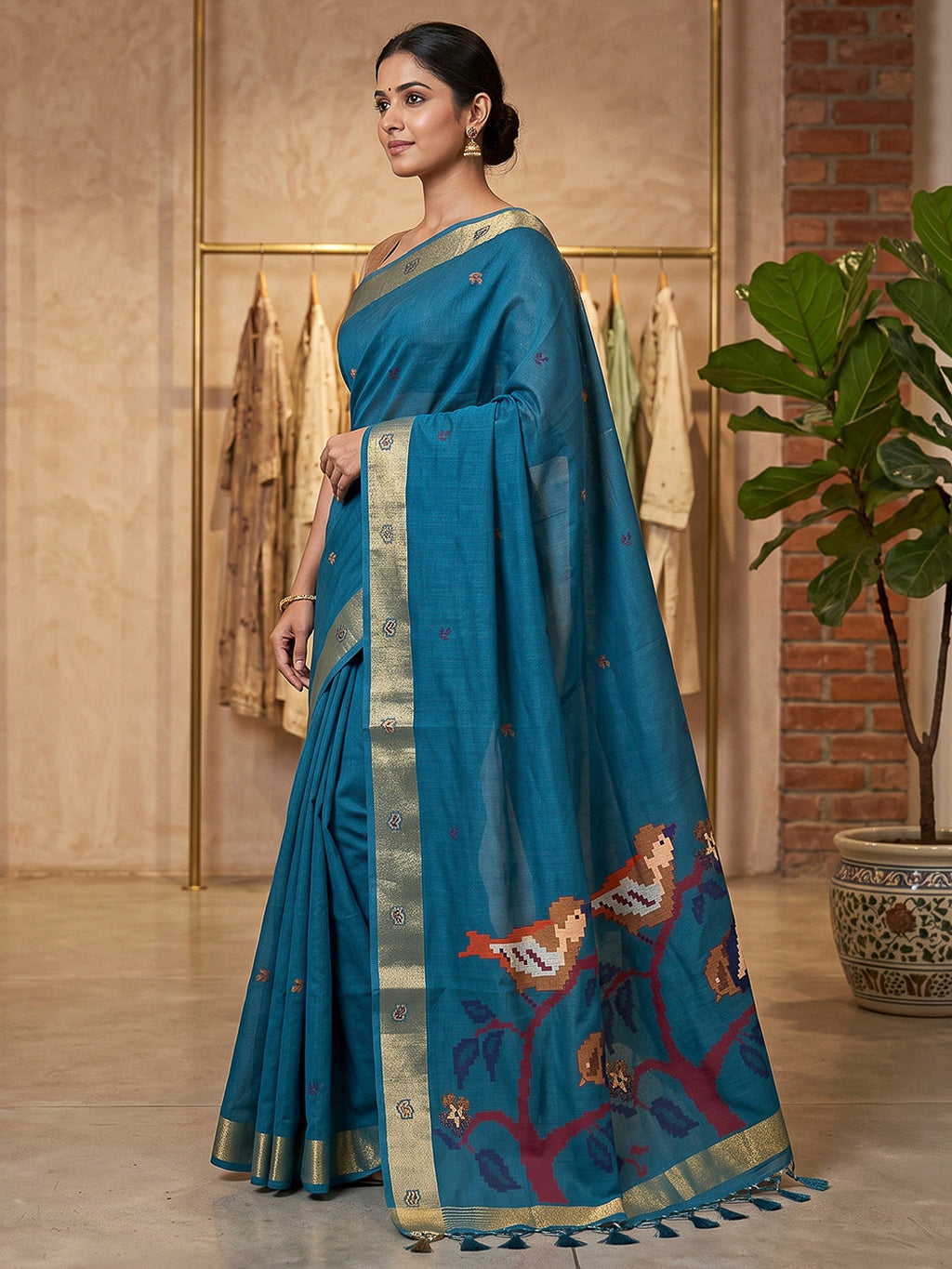 Peacock-Blue Cotton Blend Woven Saree