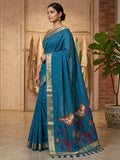 Peacock-Blue Cotton Blend Woven Saree