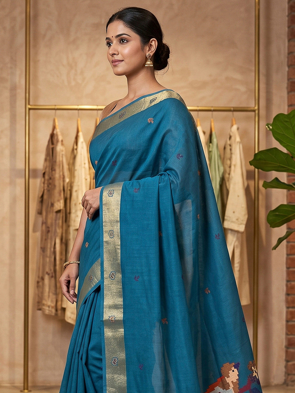 Peacock-Blue Cotton Blend Woven Saree
