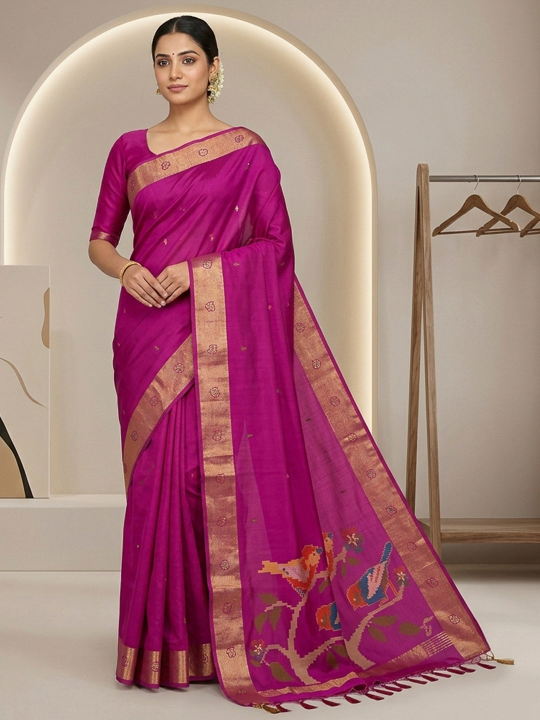 Purple Cotton Blend Woven Saree
