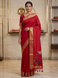 Red Cotton Blend Woven Saree