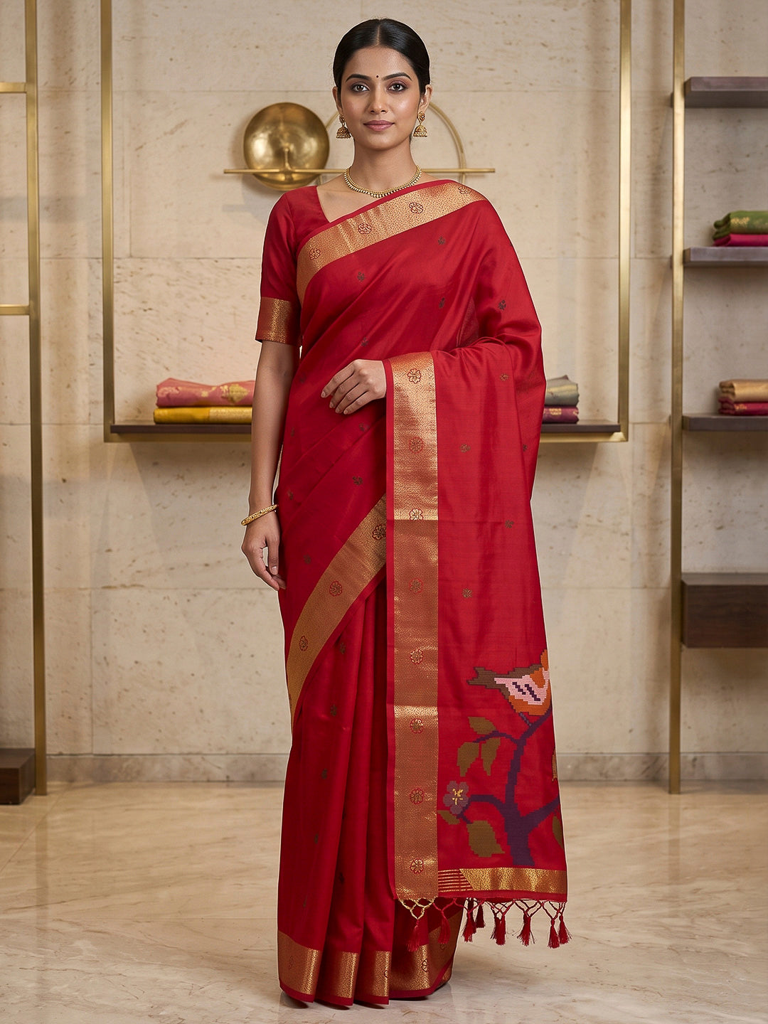 Red Cotton Blend Woven Saree