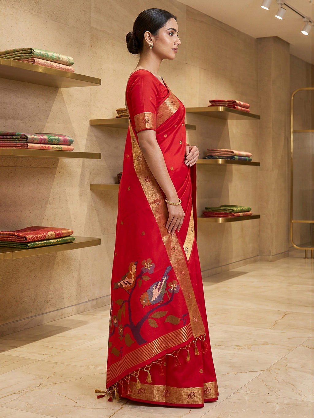 Red Cotton Blend Woven Saree