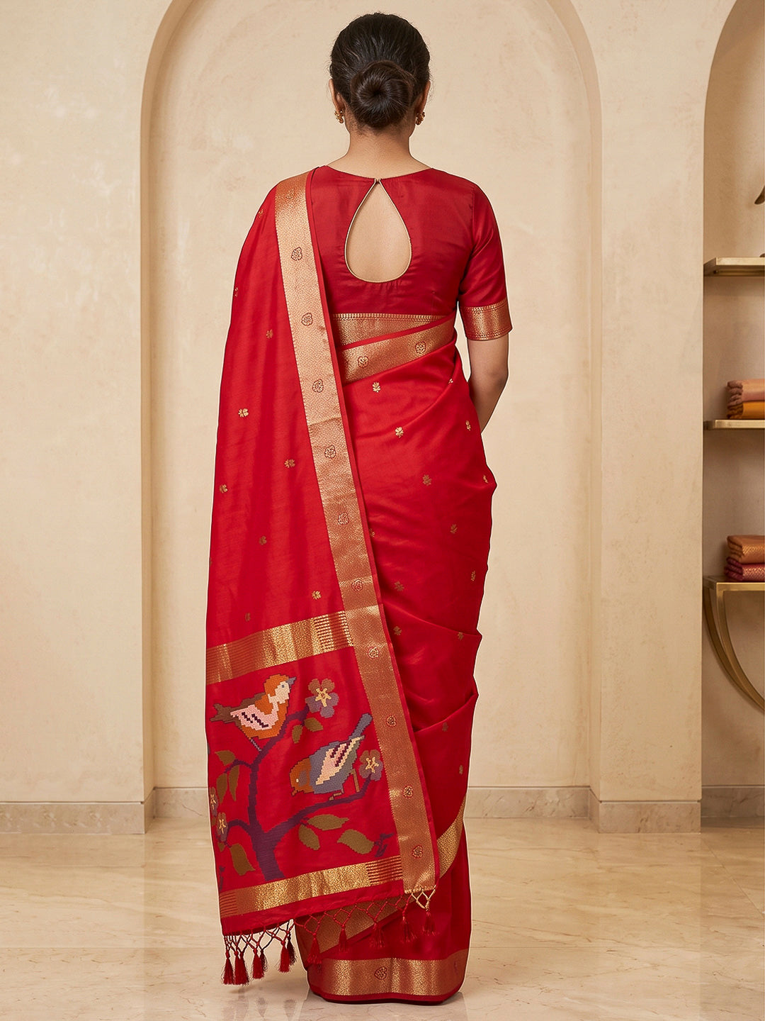 Red Cotton Blend Woven Saree