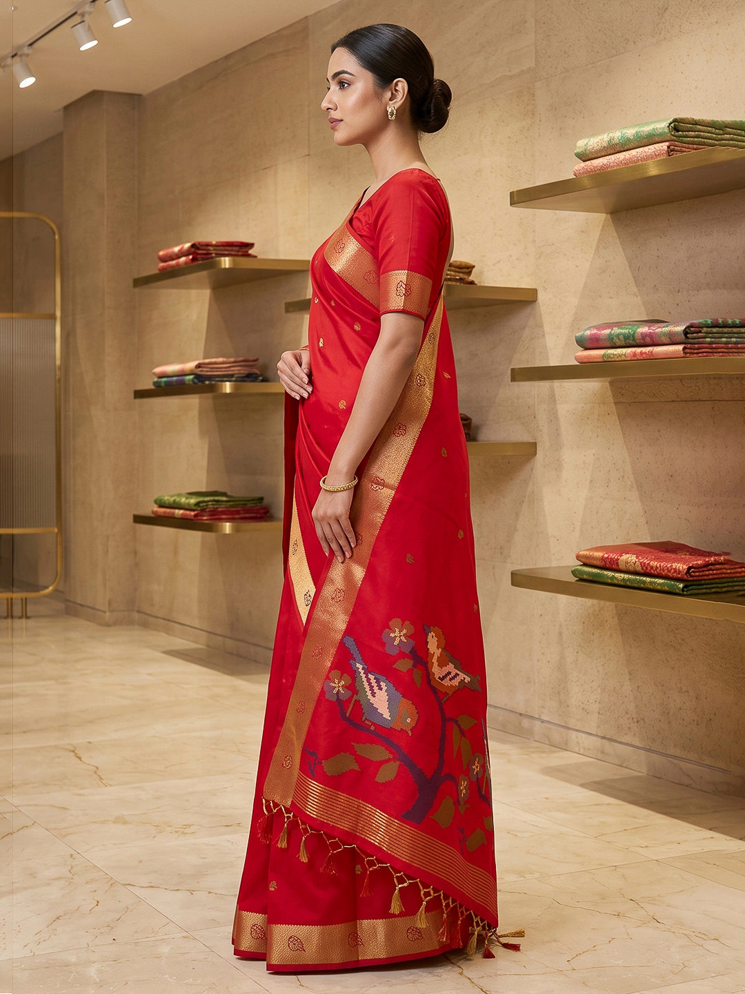 Red Cotton Blend Woven Saree