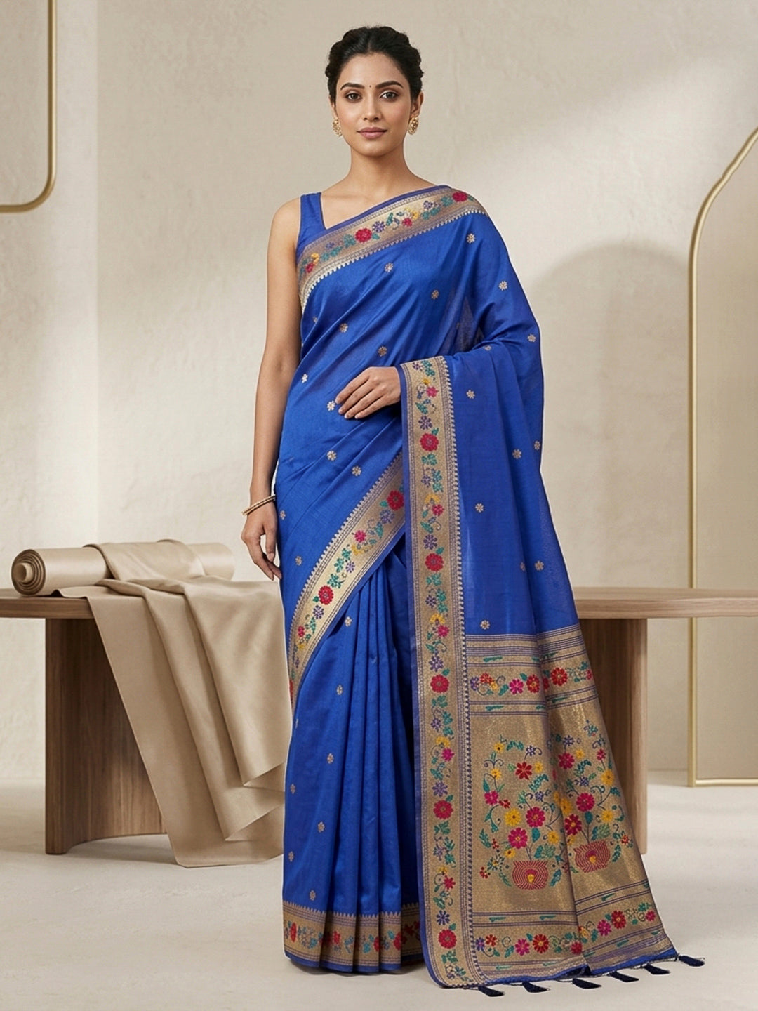 Navy-Blue Cotton Blend Woven Saree