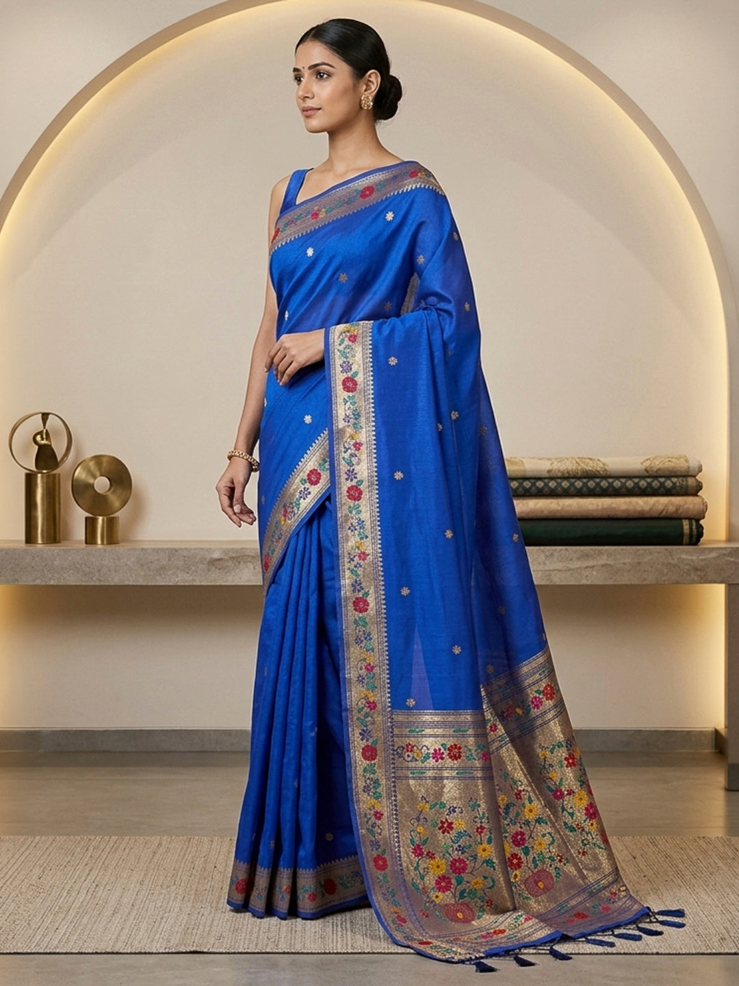 Navy-Blue Cotton Blend Woven Saree