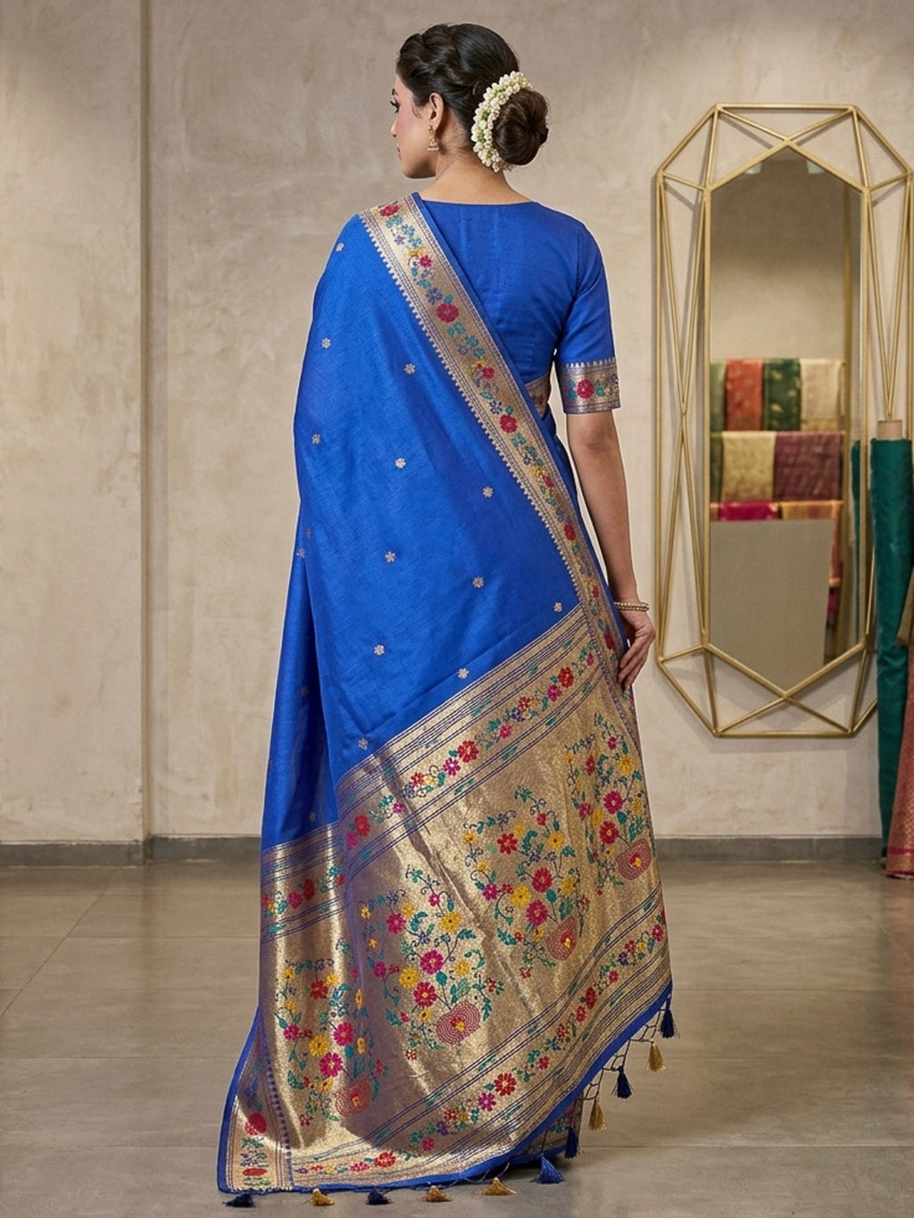 Navy-Blue Cotton Blend Woven Saree