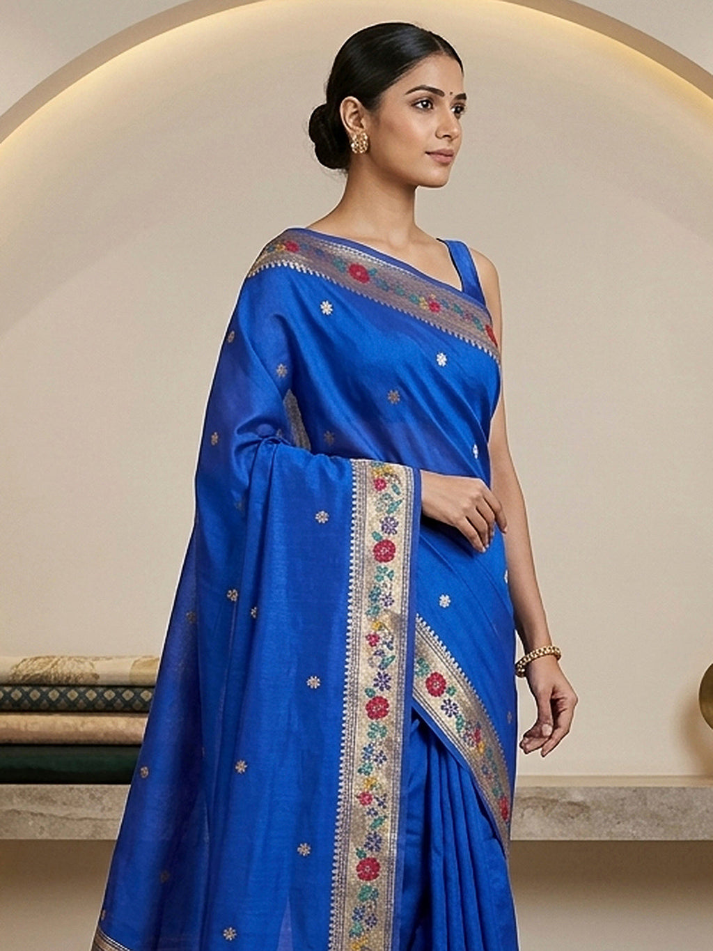Navy-Blue Cotton Blend Woven Saree