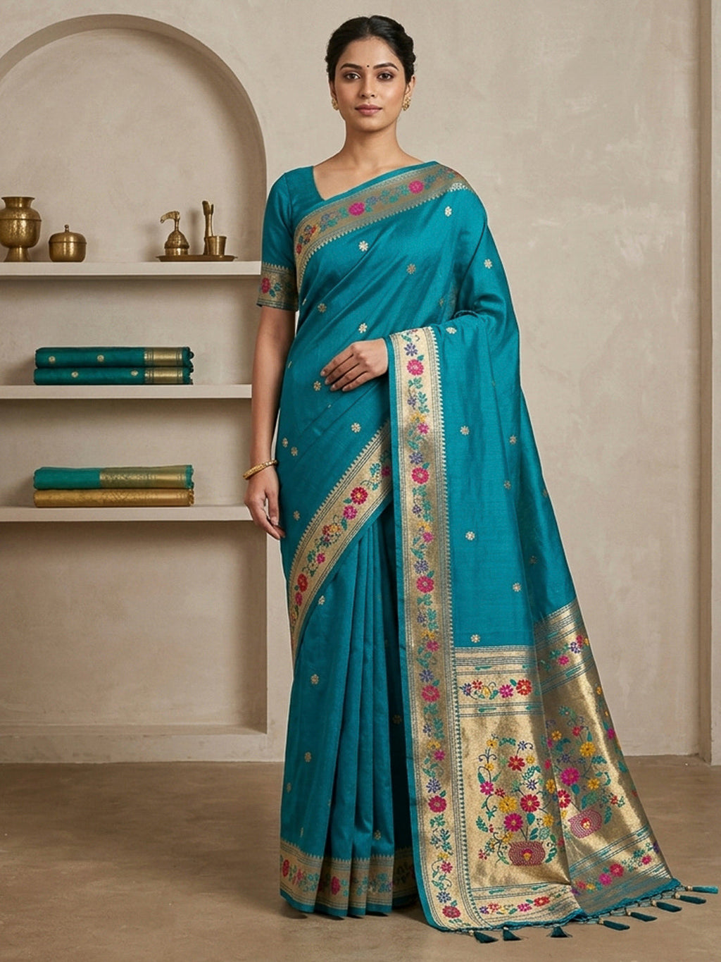 Peacock-Blue Cotton Blend Woven Saree