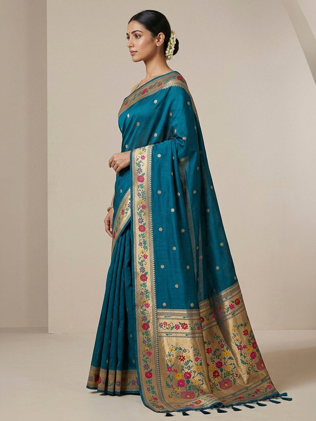 Peacock-Blue Cotton Blend Woven Saree