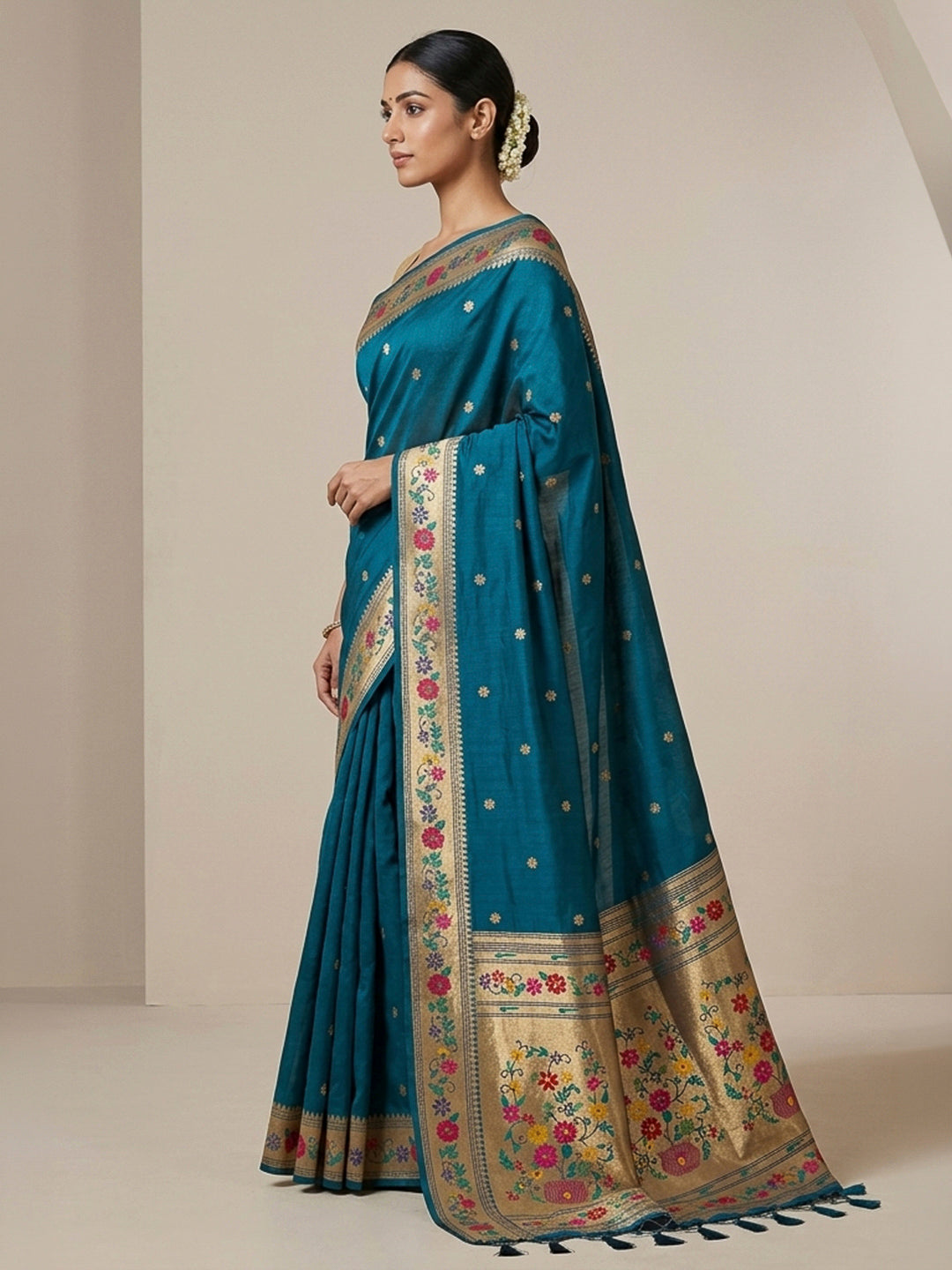 Peacock-Blue Cotton Blend Woven Saree