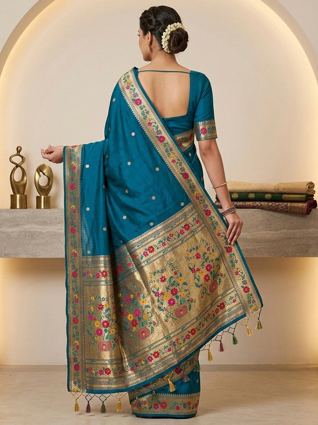 Peacock-Blue Cotton Blend Woven Saree
