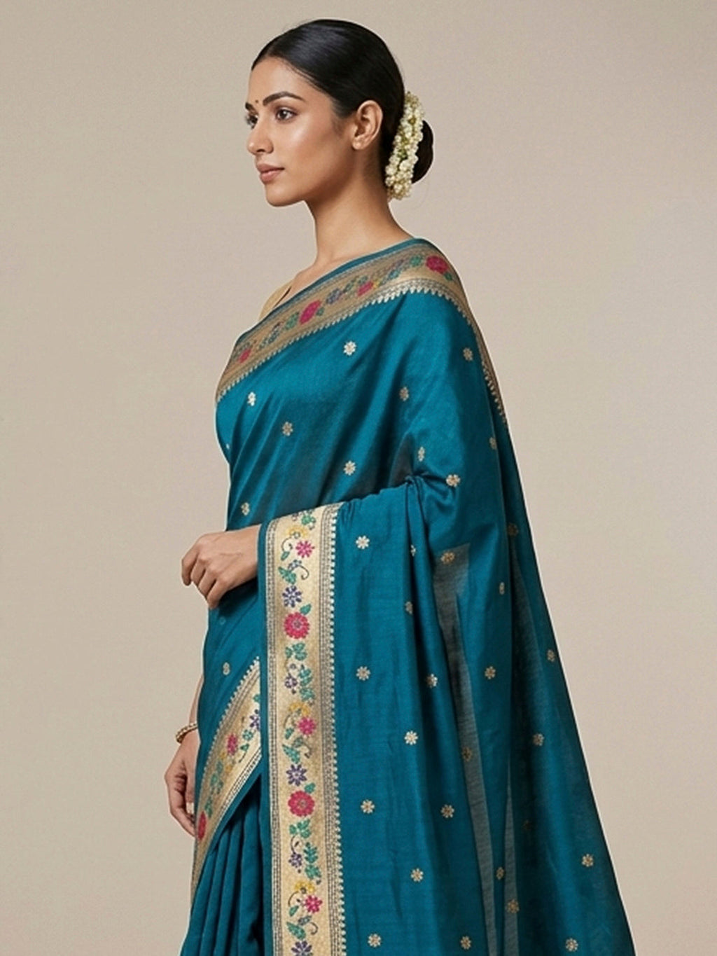 Peacock-Blue Cotton Blend Woven Saree