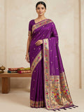 Purple Cotton Blend Woven Saree