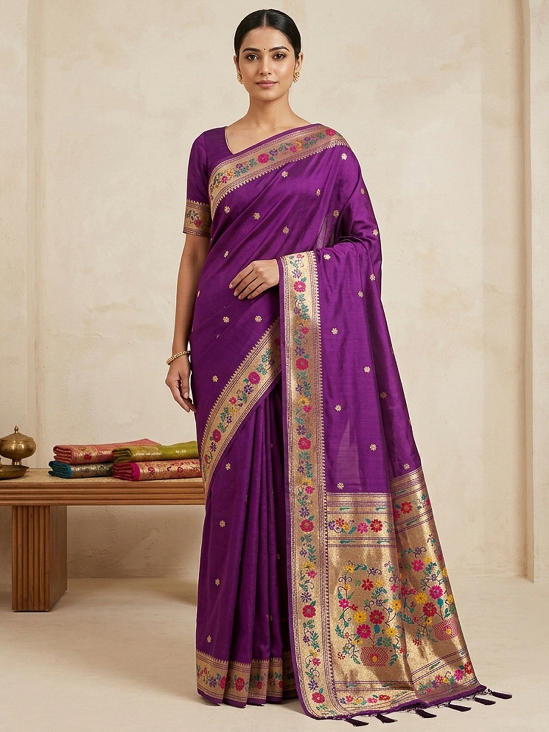 Purple Cotton Blend Woven Saree