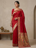 Red Cotton Blend Woven Saree