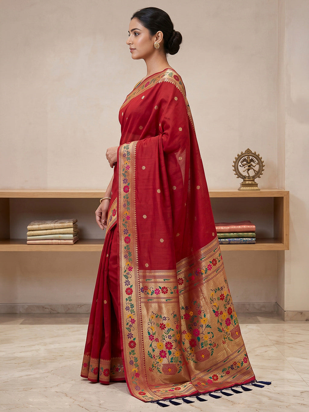 Red Cotton Blend Woven Saree