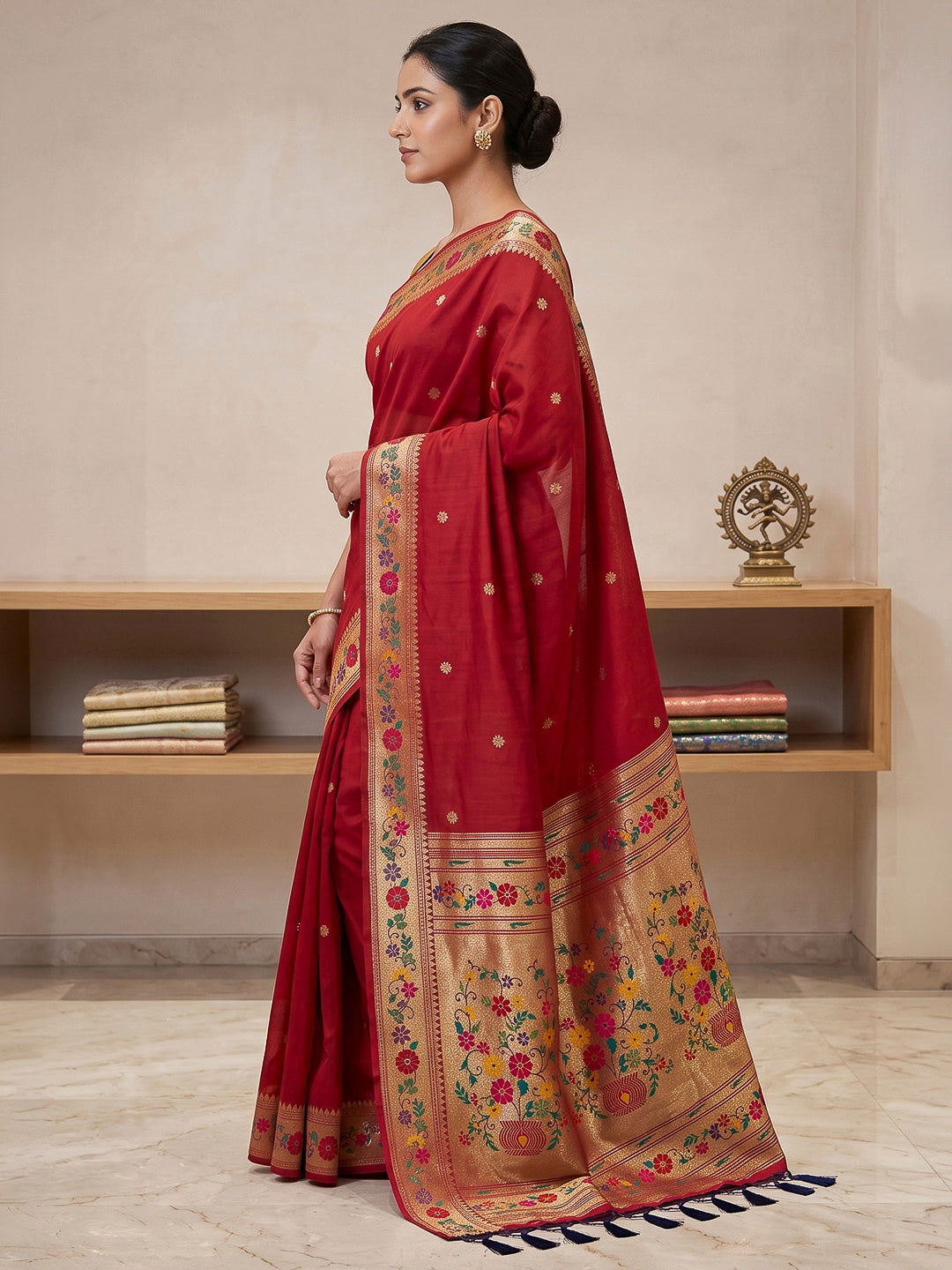 Red Cotton Blend Woven Saree