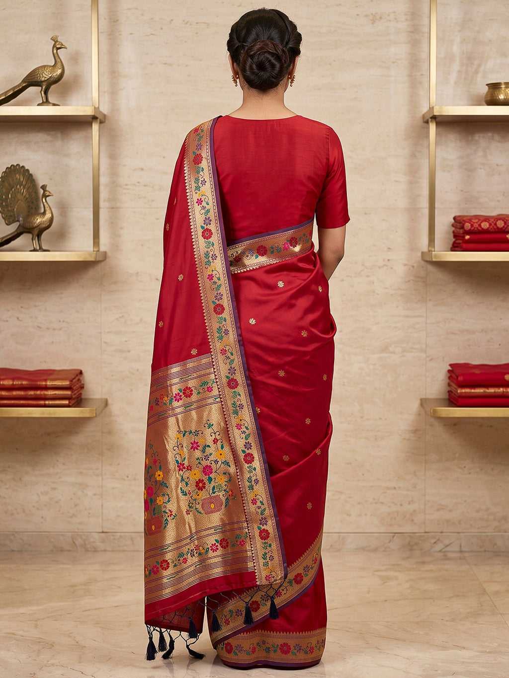 Red Cotton Blend Woven Saree