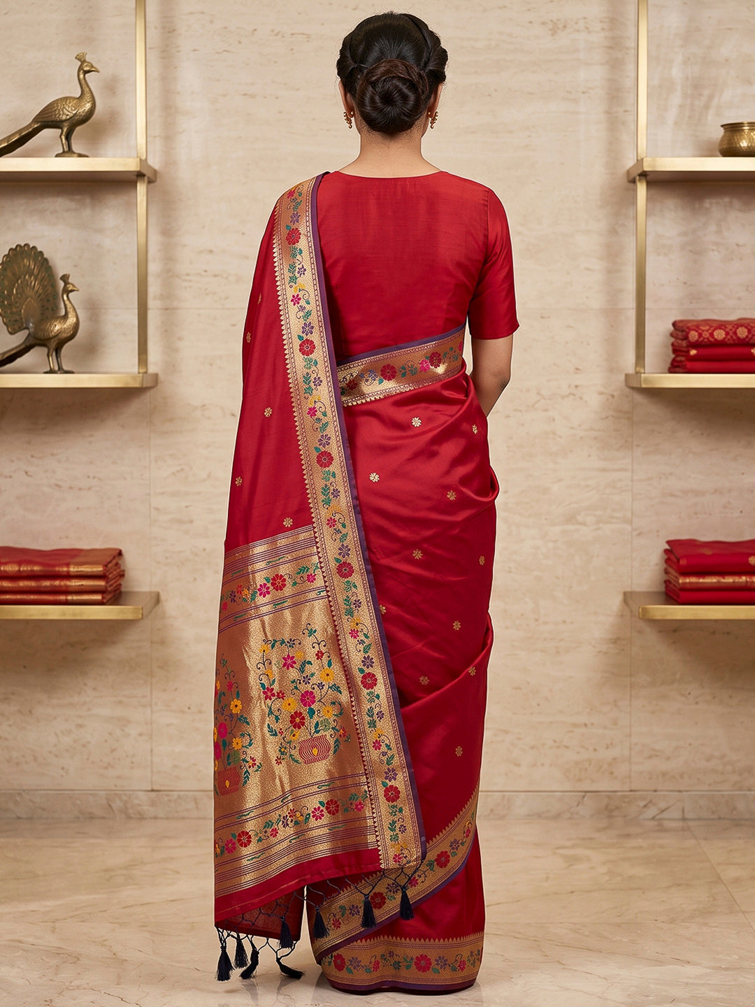 Red Cotton Blend Woven Saree