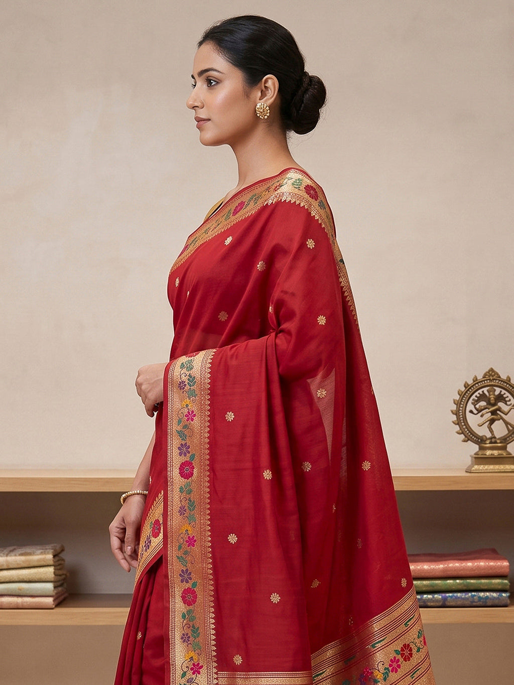 Red Cotton Blend Woven Saree