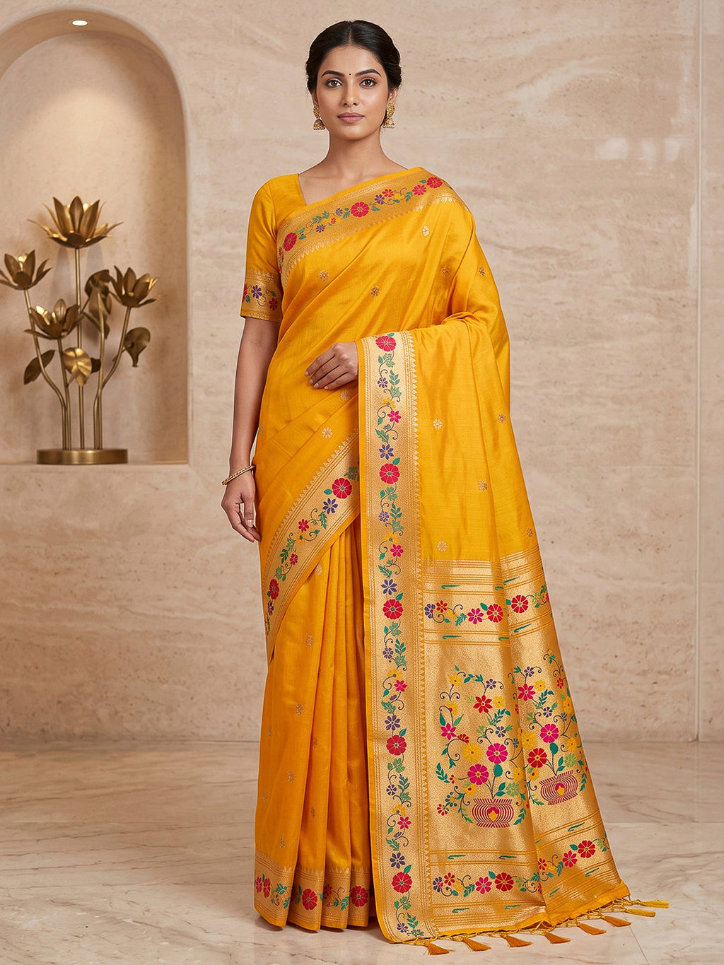 Yellow Cotton Blend Woven Saree