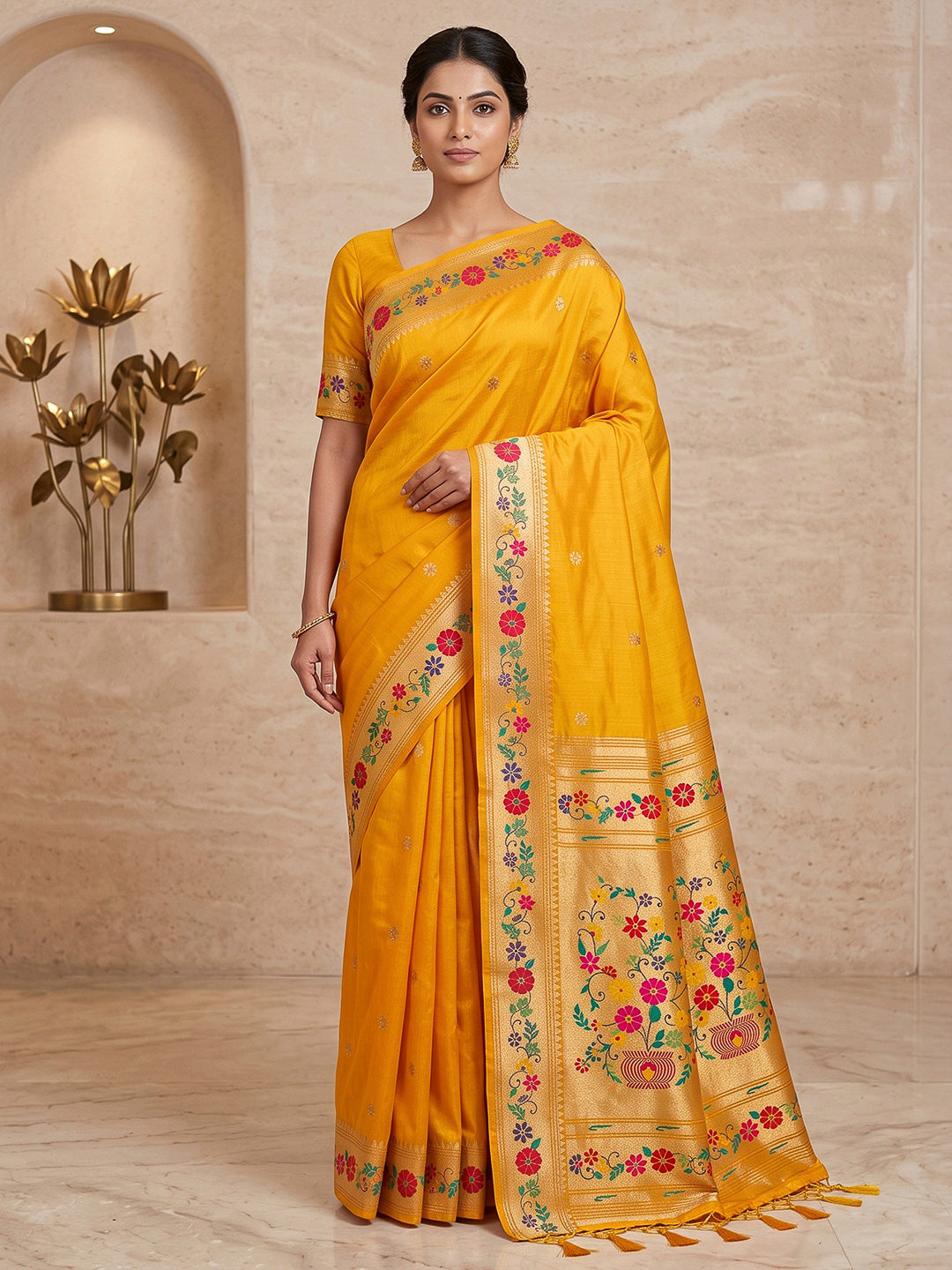 Yellow Cotton Blend Woven Saree
