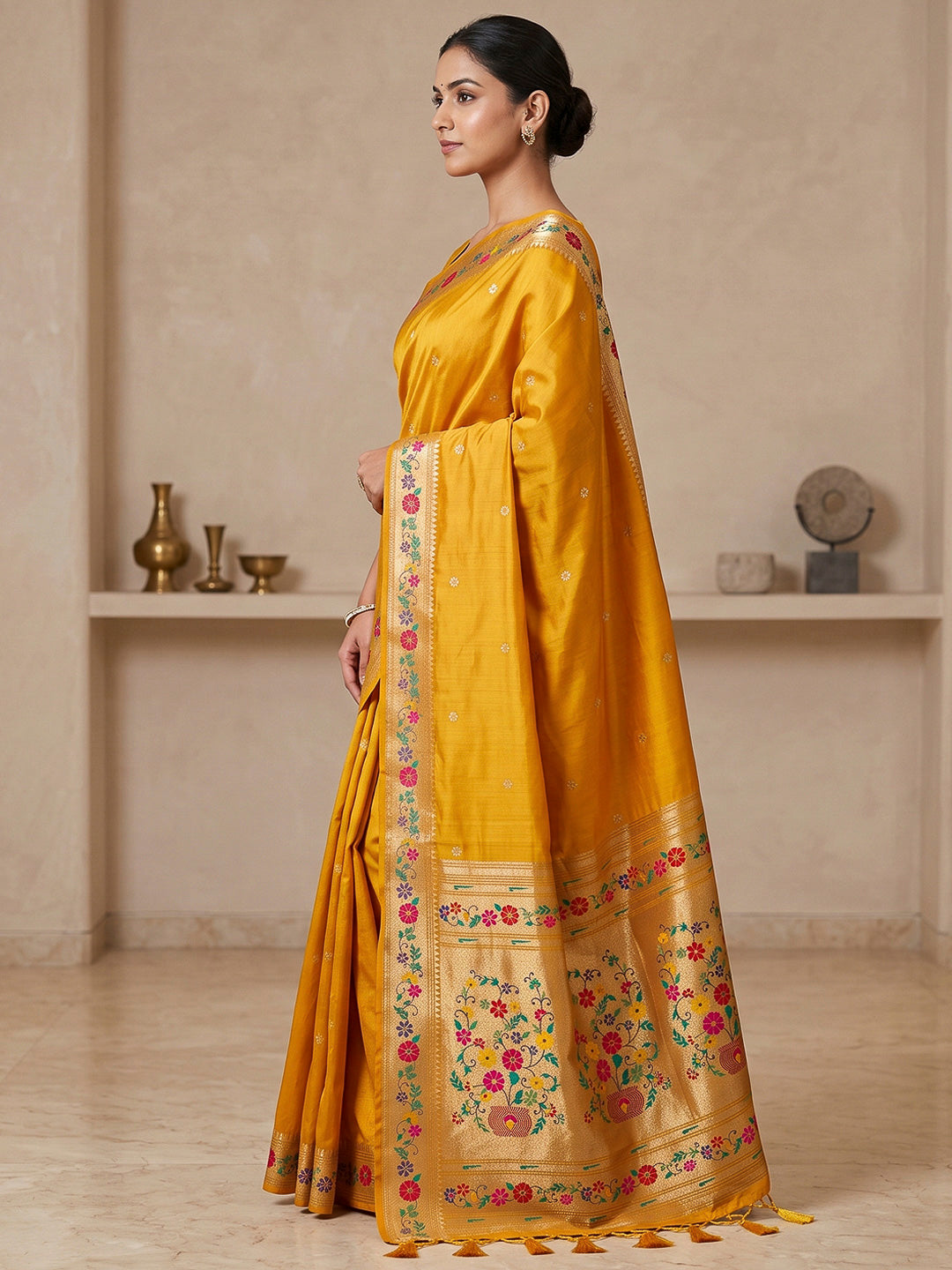 Yellow Cotton Blend Woven Saree