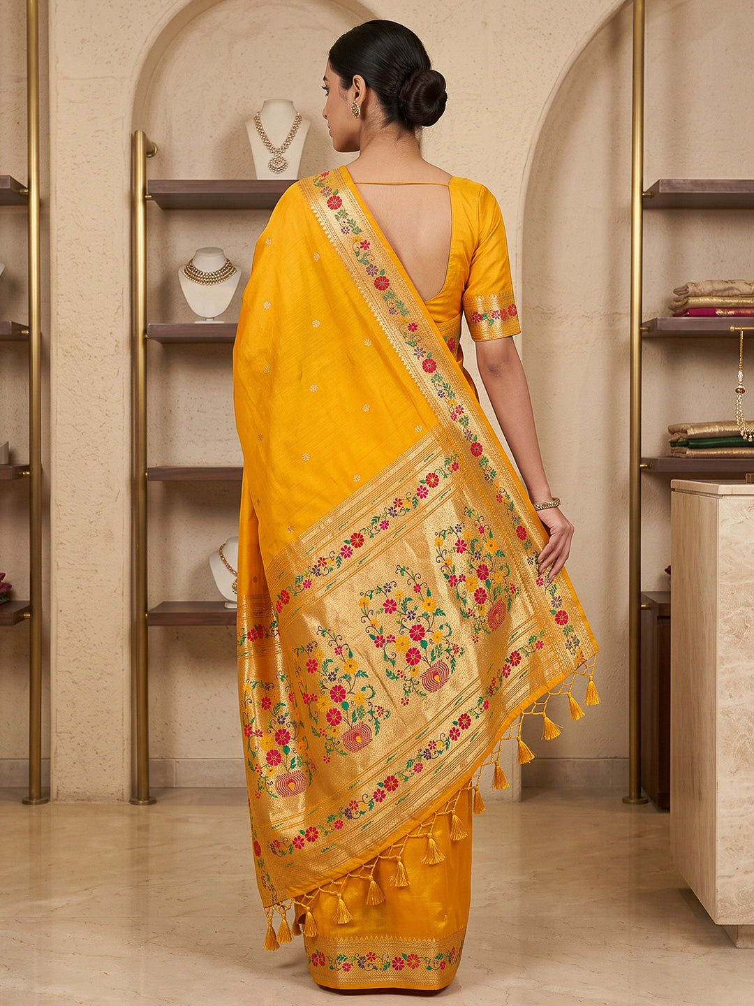 Yellow Cotton Blend Woven Saree