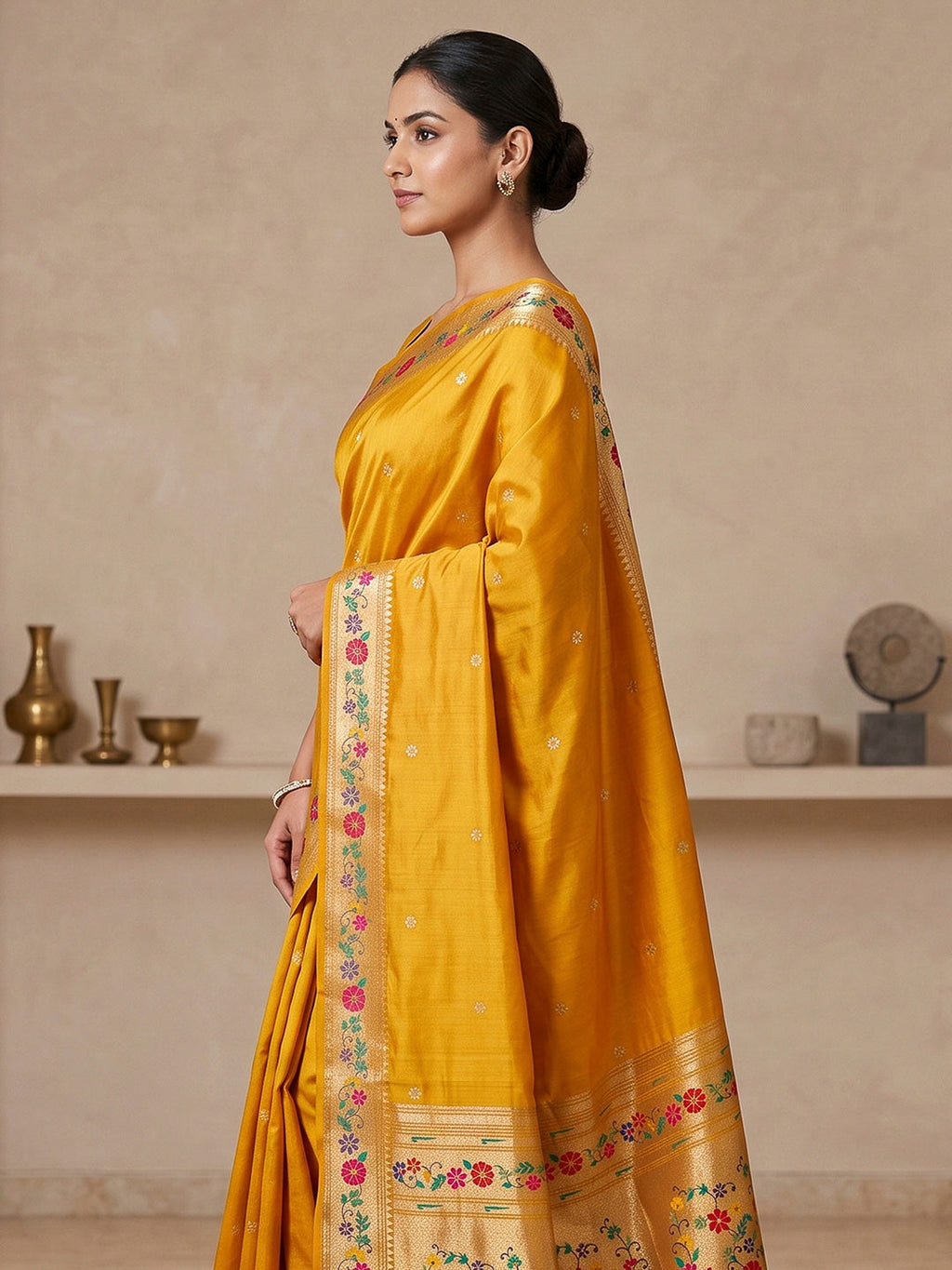 Yellow Cotton Blend Woven Saree