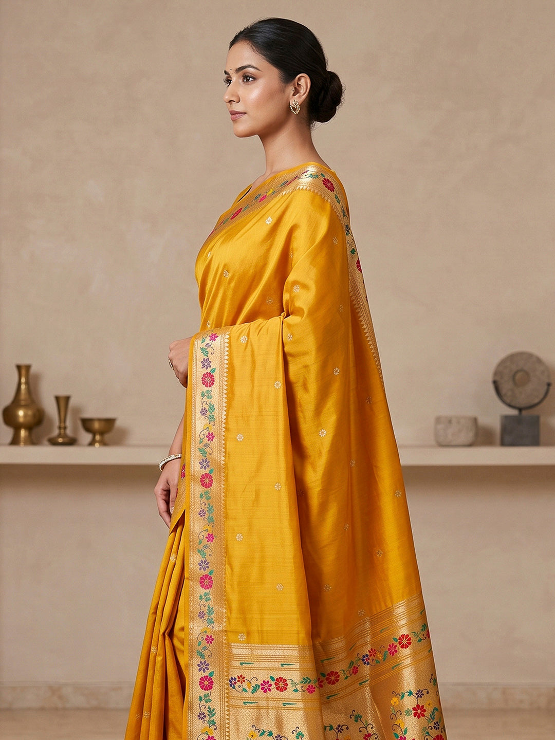 Yellow Cotton Blend Woven Saree