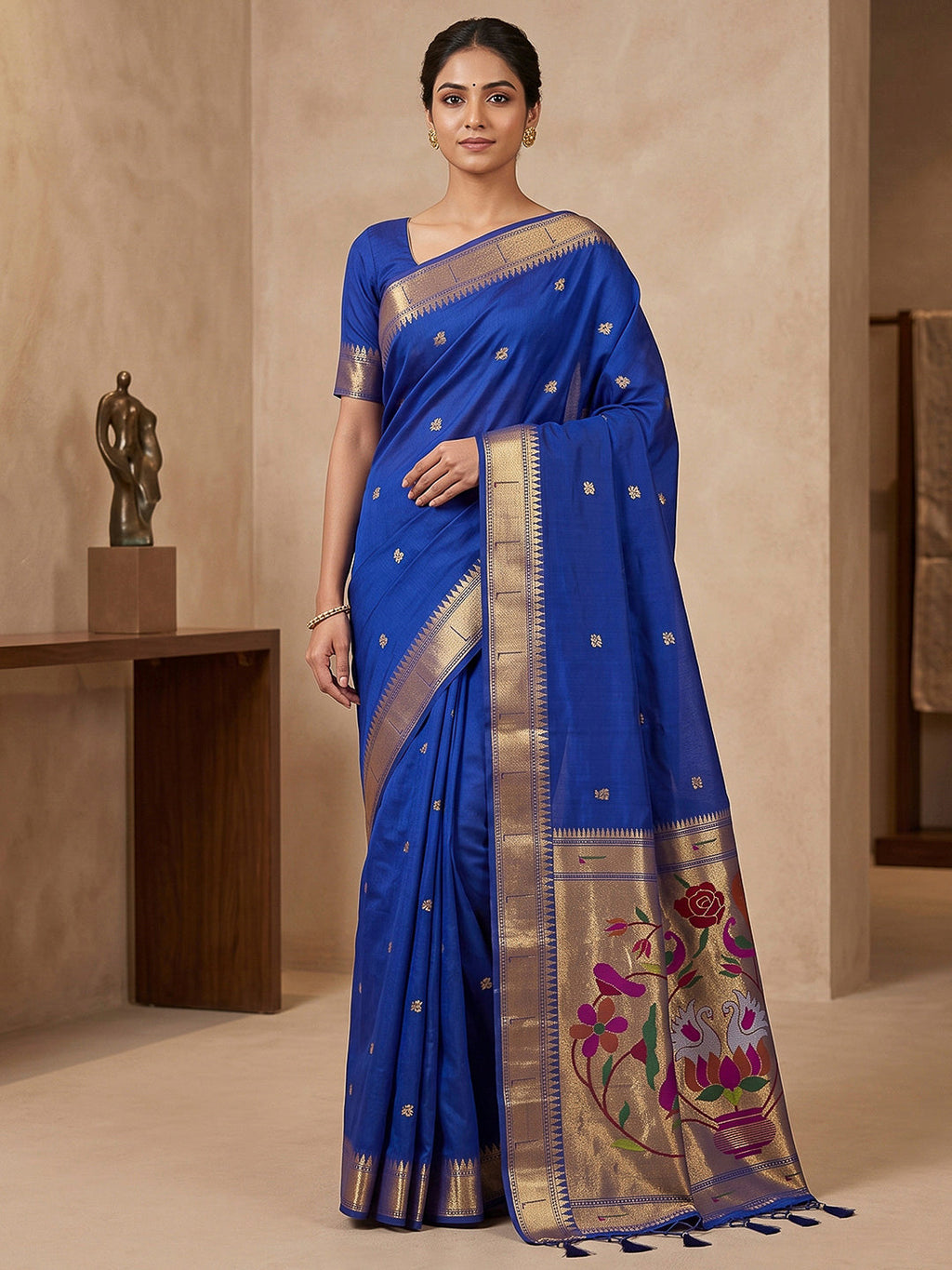 Navy-Blue Cotton Blend Woven Saree