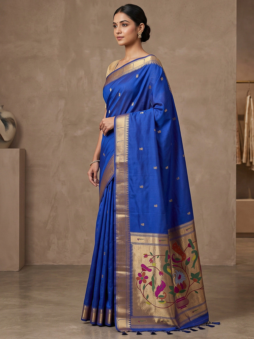 Navy-Blue Cotton Blend Woven Saree