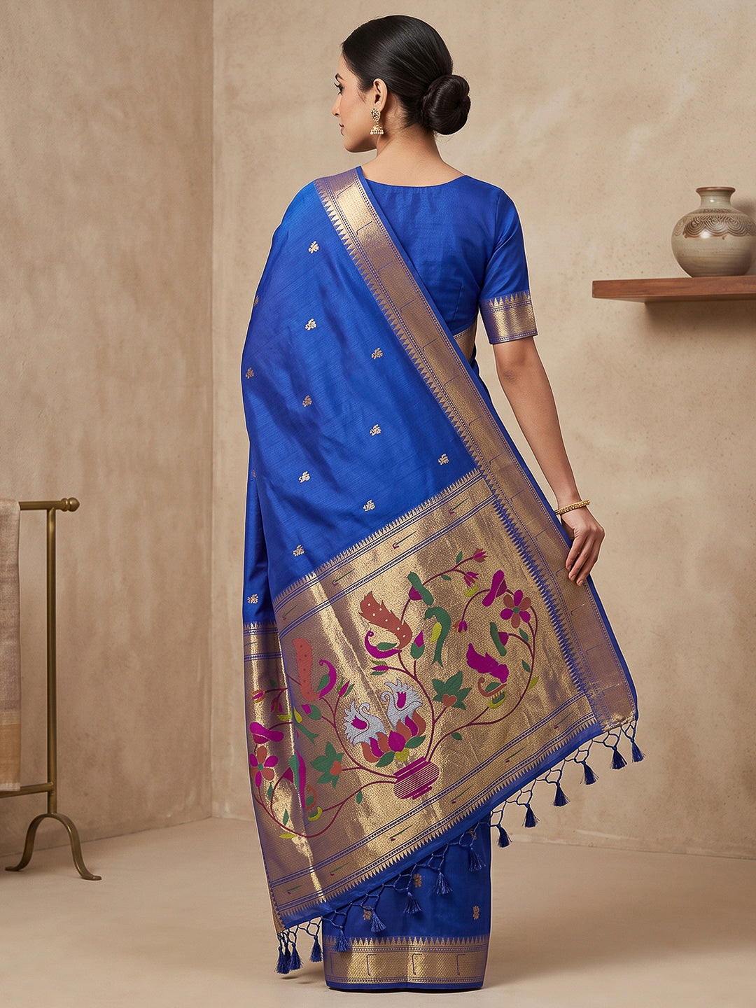Navy-Blue Cotton Blend Woven Saree