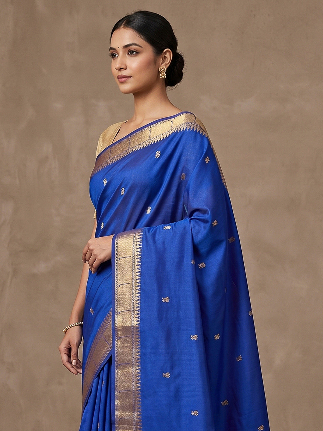 Navy-Blue Cotton Blend Woven Saree