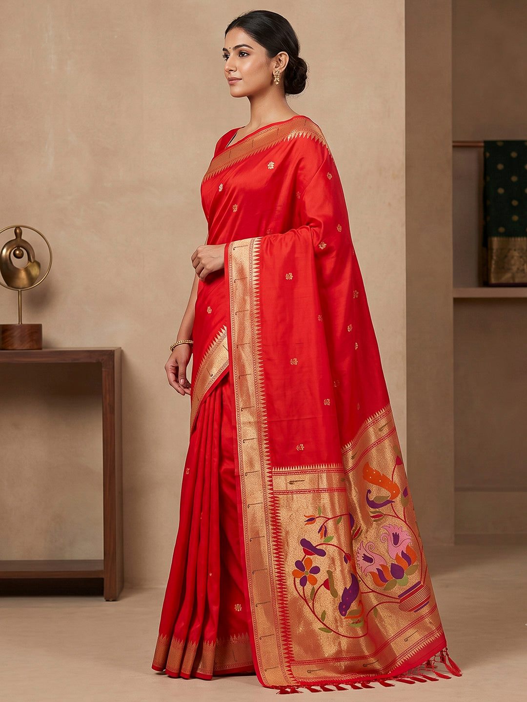 Red Cotton Blend Woven Saree