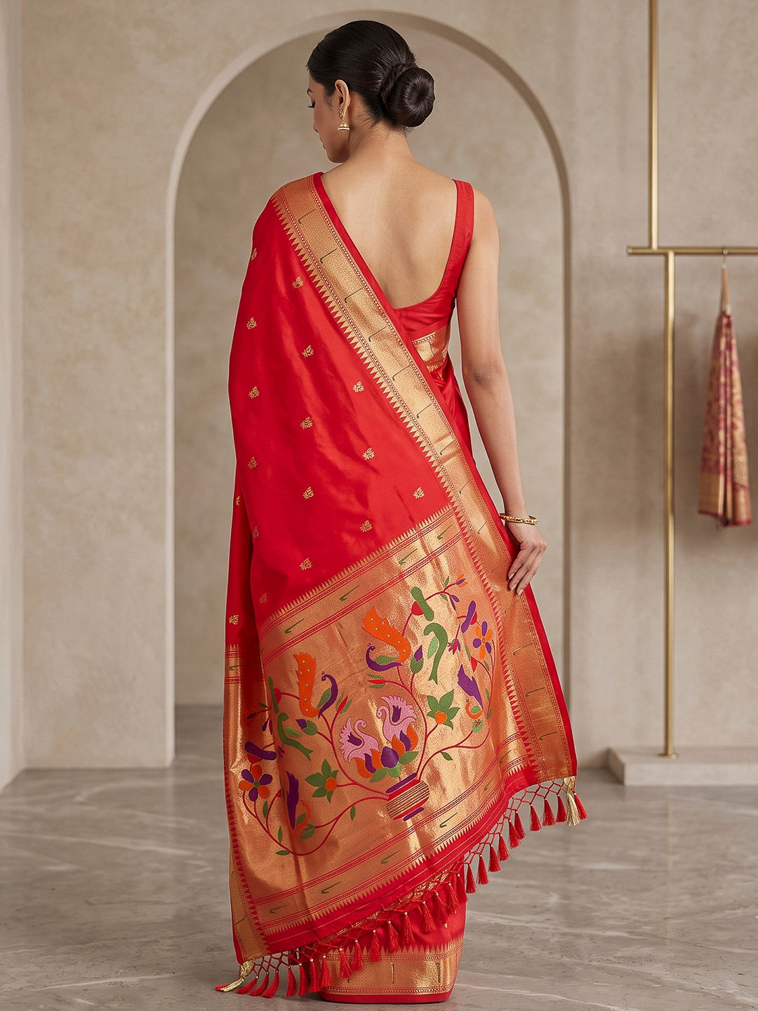 Red Cotton Blend Woven Saree