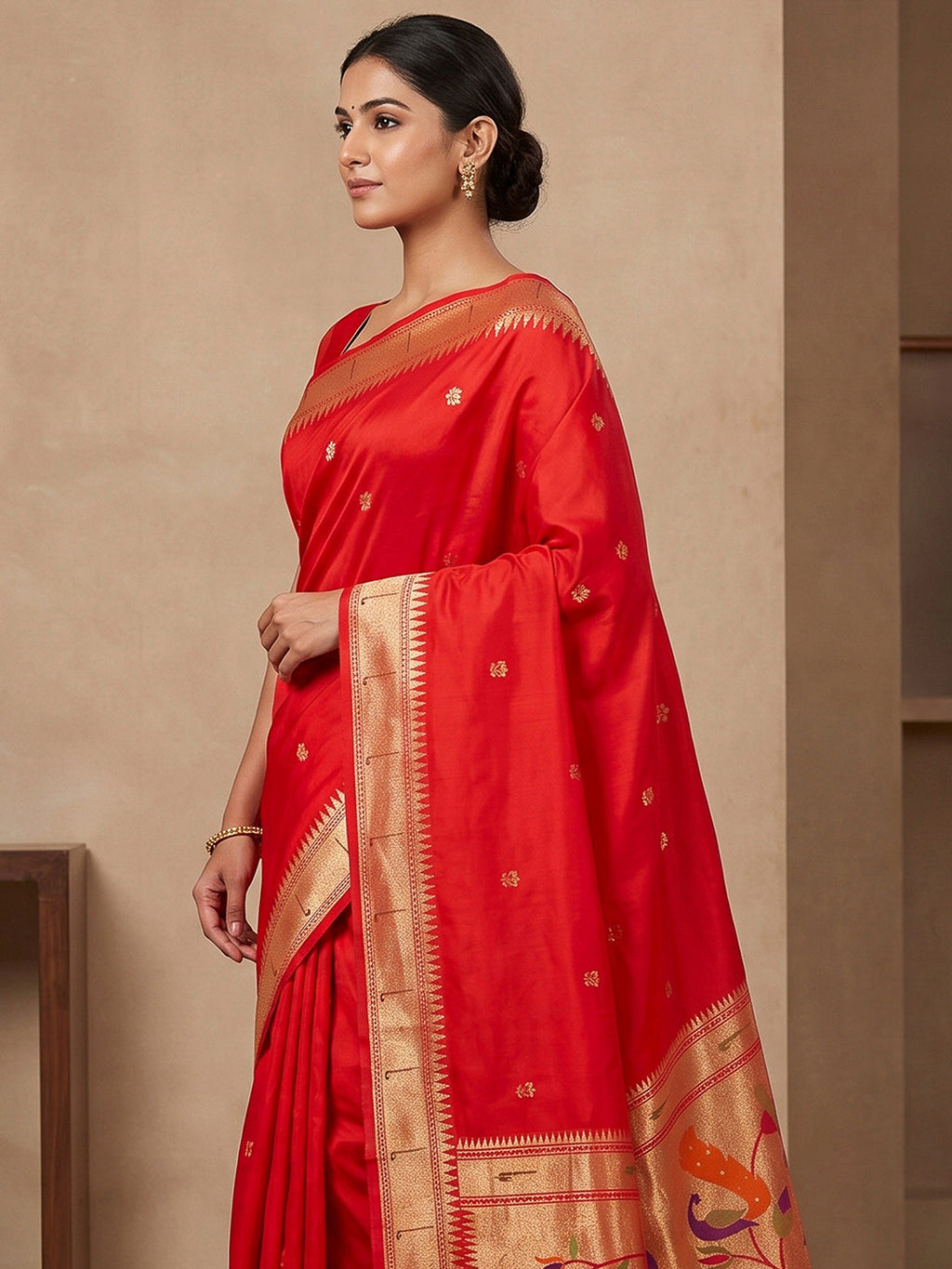 Red Cotton Blend Woven Saree